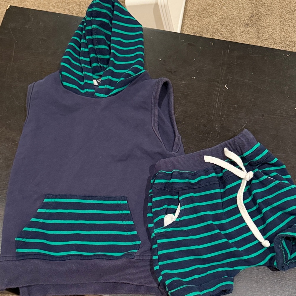 Little Bipsy Navy and Teal Striped Hooded Tank Top & Shorts Set
